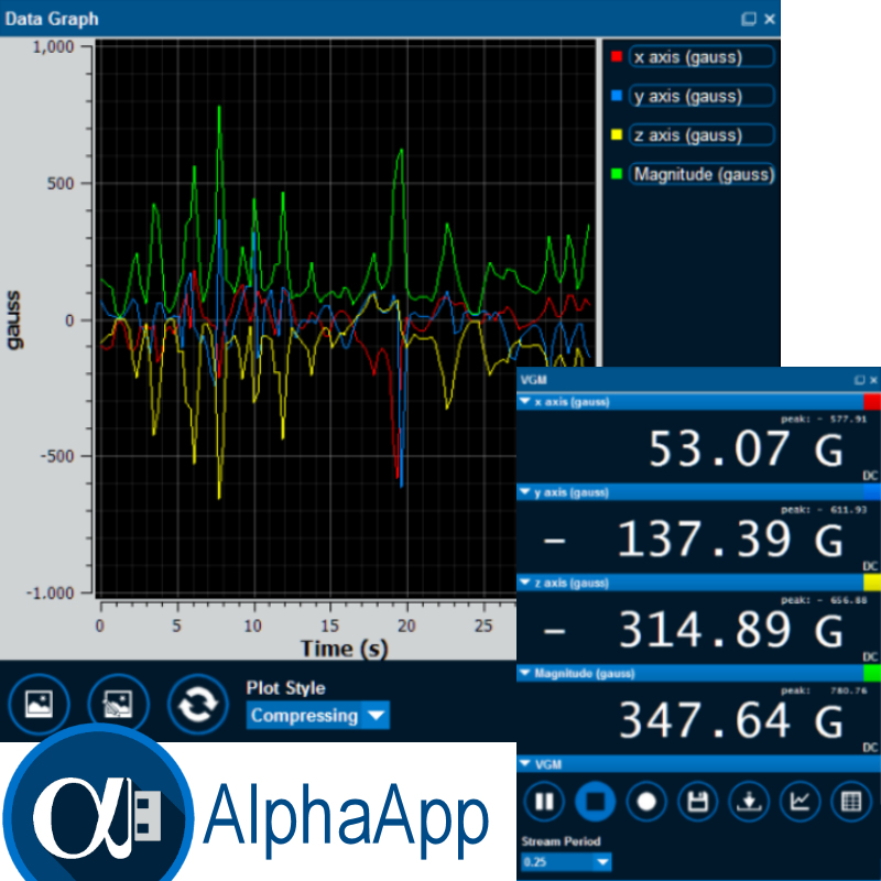 AlphaApp logging 3-axis data from a Vector Gaussmeter