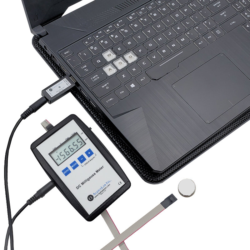 Single Channel Analog to USB data logger (Model USB-DL1) collecting analog data from a gaussmeter